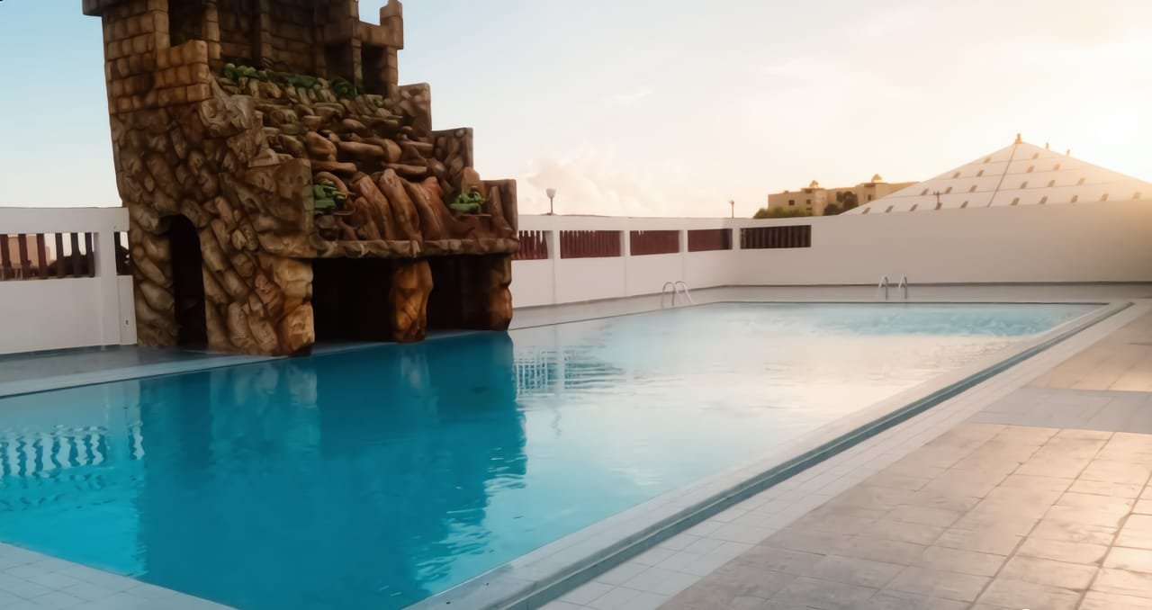 Nawrass holiday camp in Asilah, Atlantic coast, Morocco — pool of the white-medina campus, flagship for creative arts